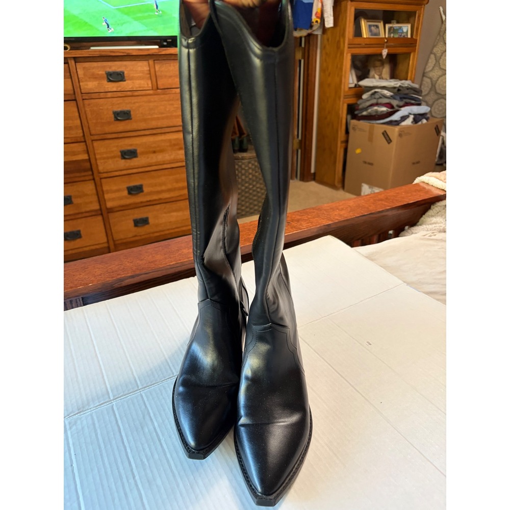 Black Western Knee High Boots Pointed Toe Side Zip Block Heel Tall Boots